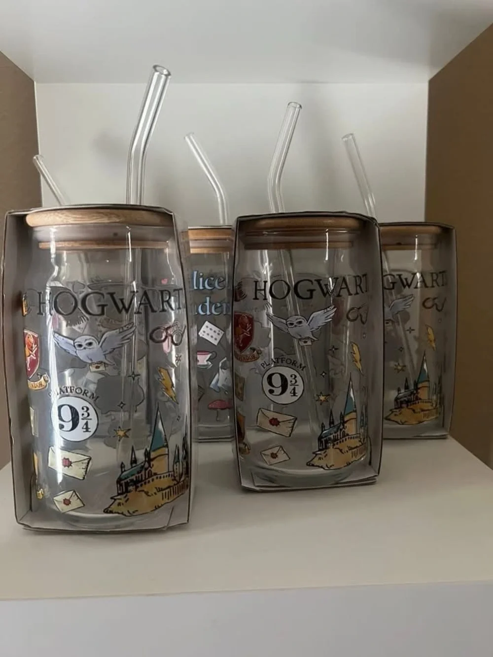 Hogwarts Glass Tumbler with Straw - Clear and Gold Accent